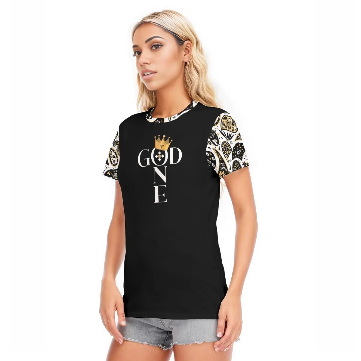 ONE GOD Paisley Sleeve Round Neck Cotton T ShirtRound Neck T-Shirt