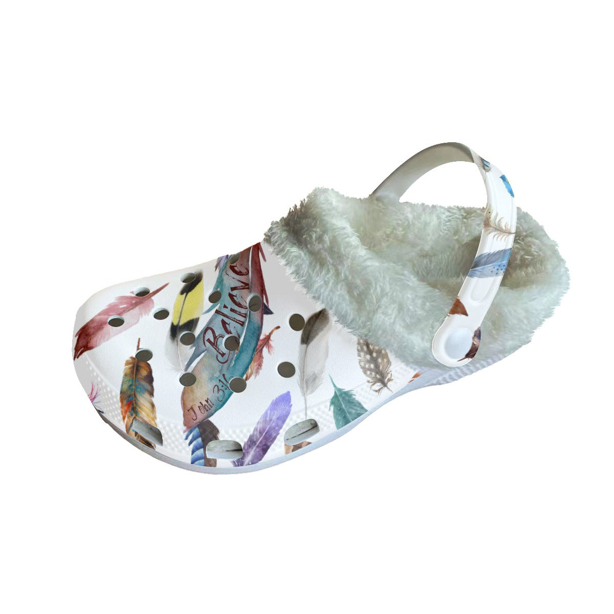 Women's BELIEVE White Feather Print Fleece Clogs