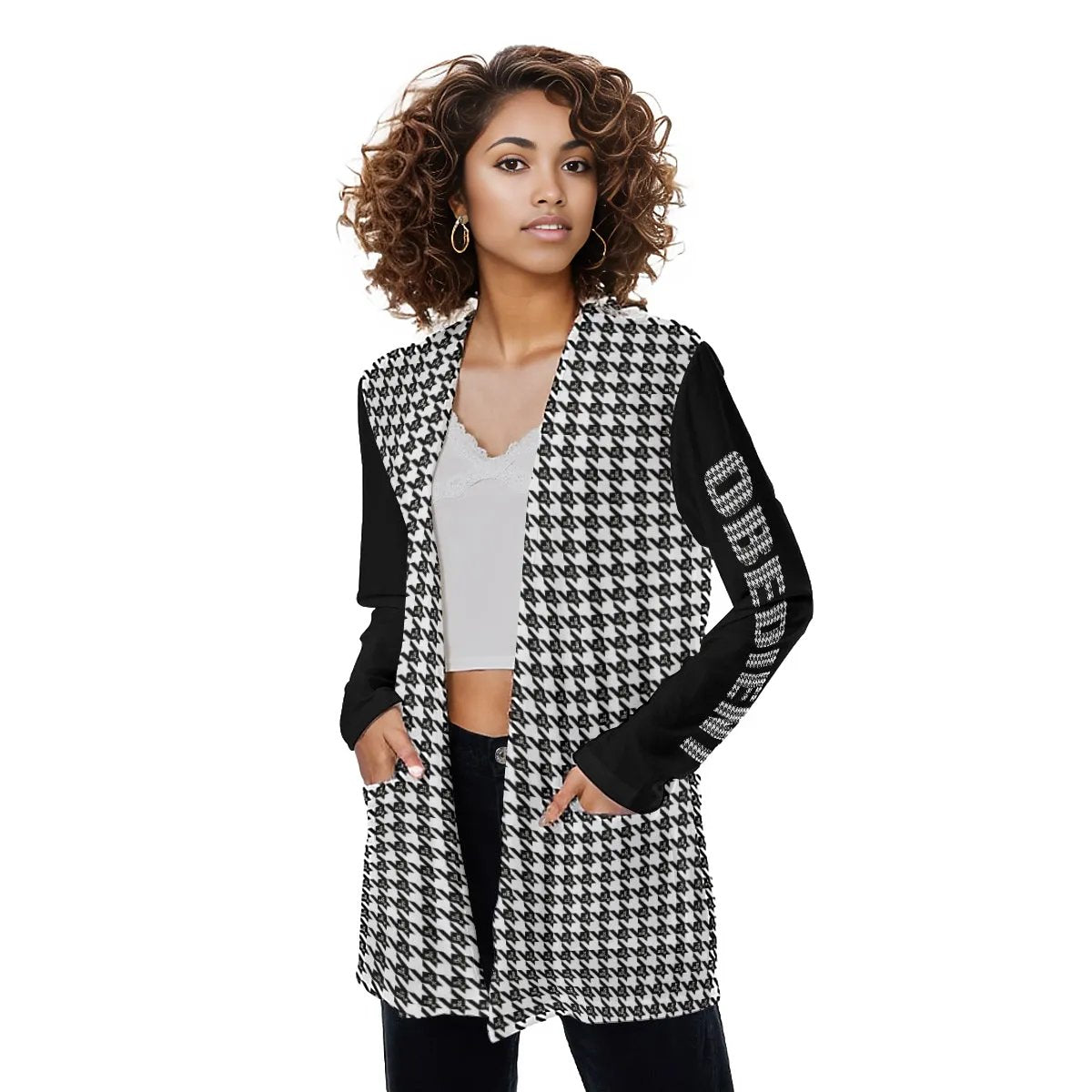 OBEDIENT Houndstooth Plaid Sleeve Pocket Cardigan