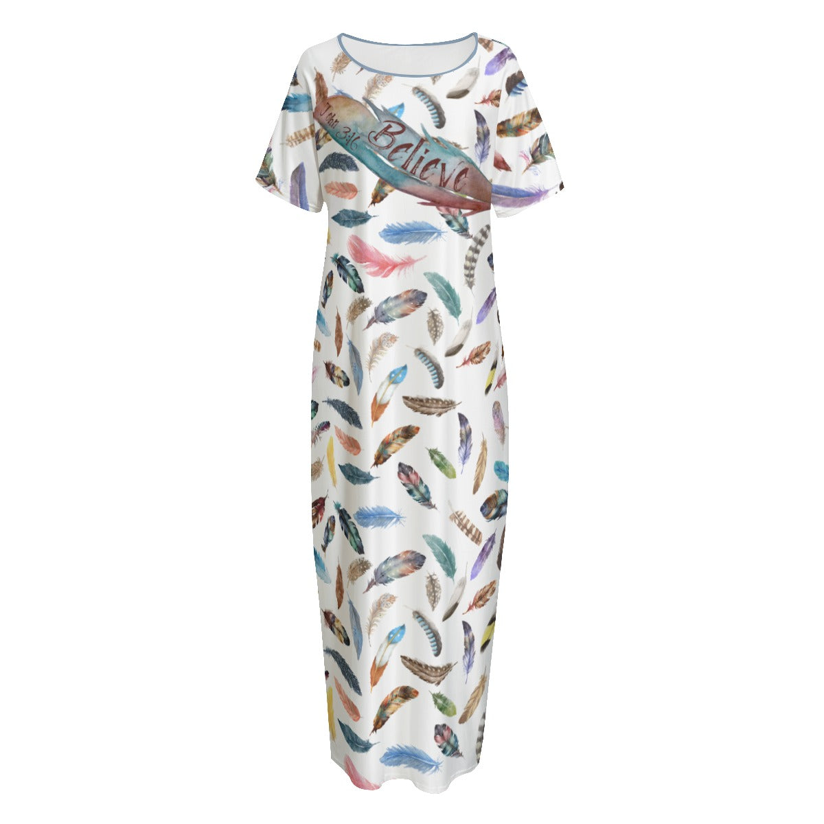 BELIEVE John 3:16 Feather Print Long Gown Dress With Pockets