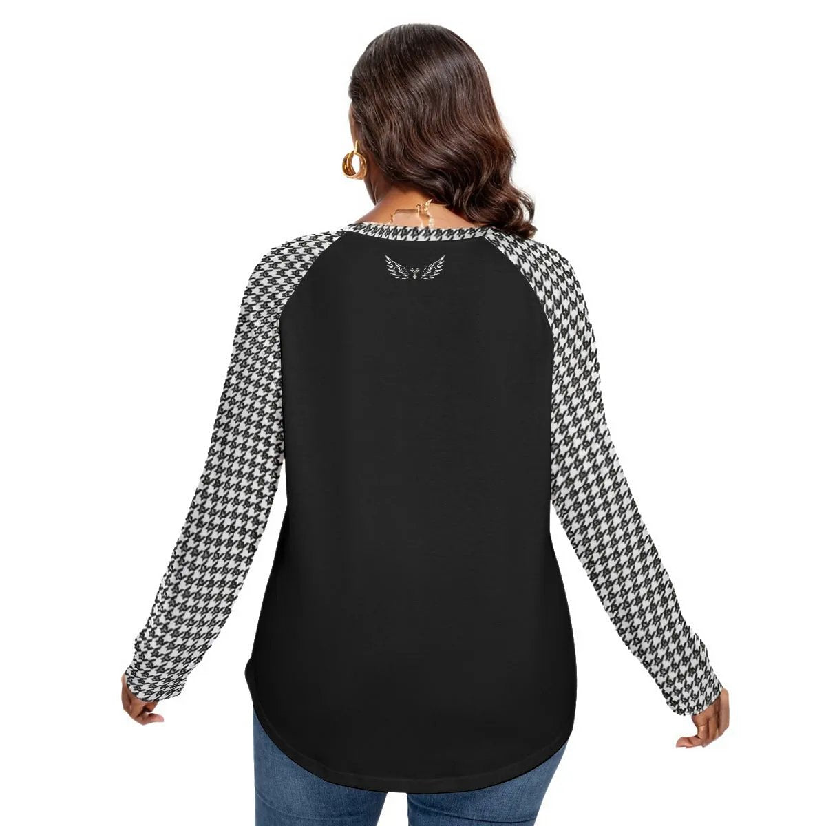 TRUST GOD Houndstooth Print Long Sleeve Plus Size Shirt