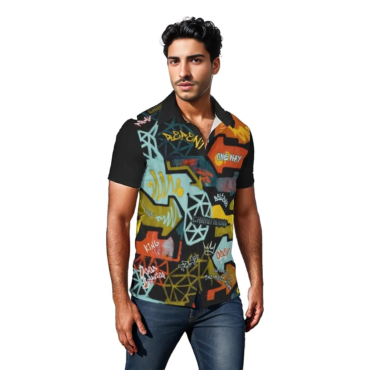 GRAFFITI GOD Print Short Sleeve Button Shirt