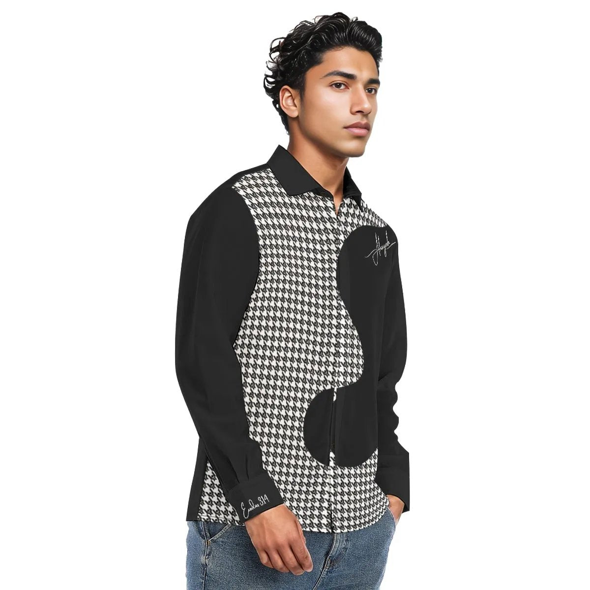 AHAYAH Exodus 3:14 Sleeve Cuff Houndstooth Pattern Long Sleeve Lapel Collar Shirt