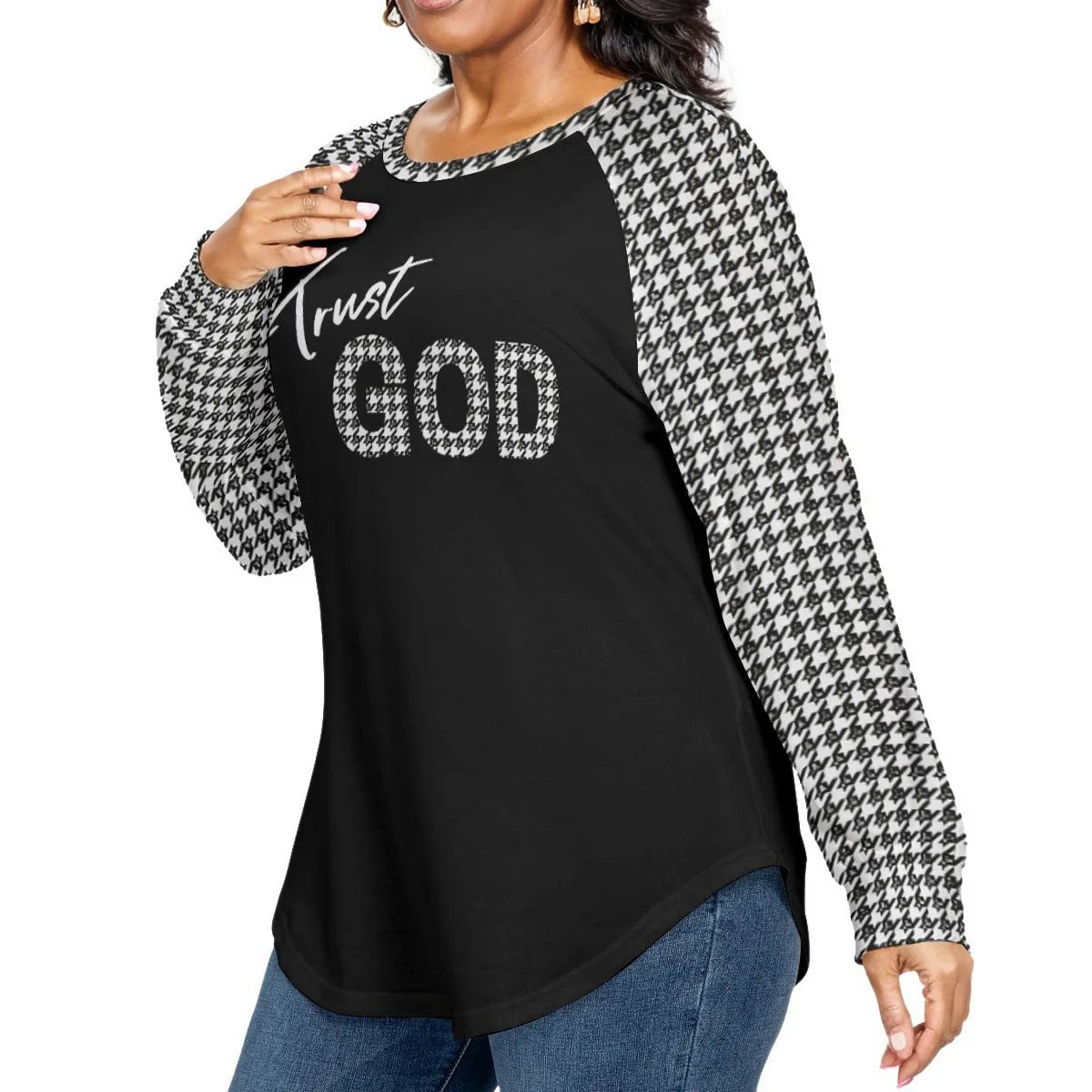 TRUST GOD Houndstooth Print Long Sleeve Plus Size Shirt