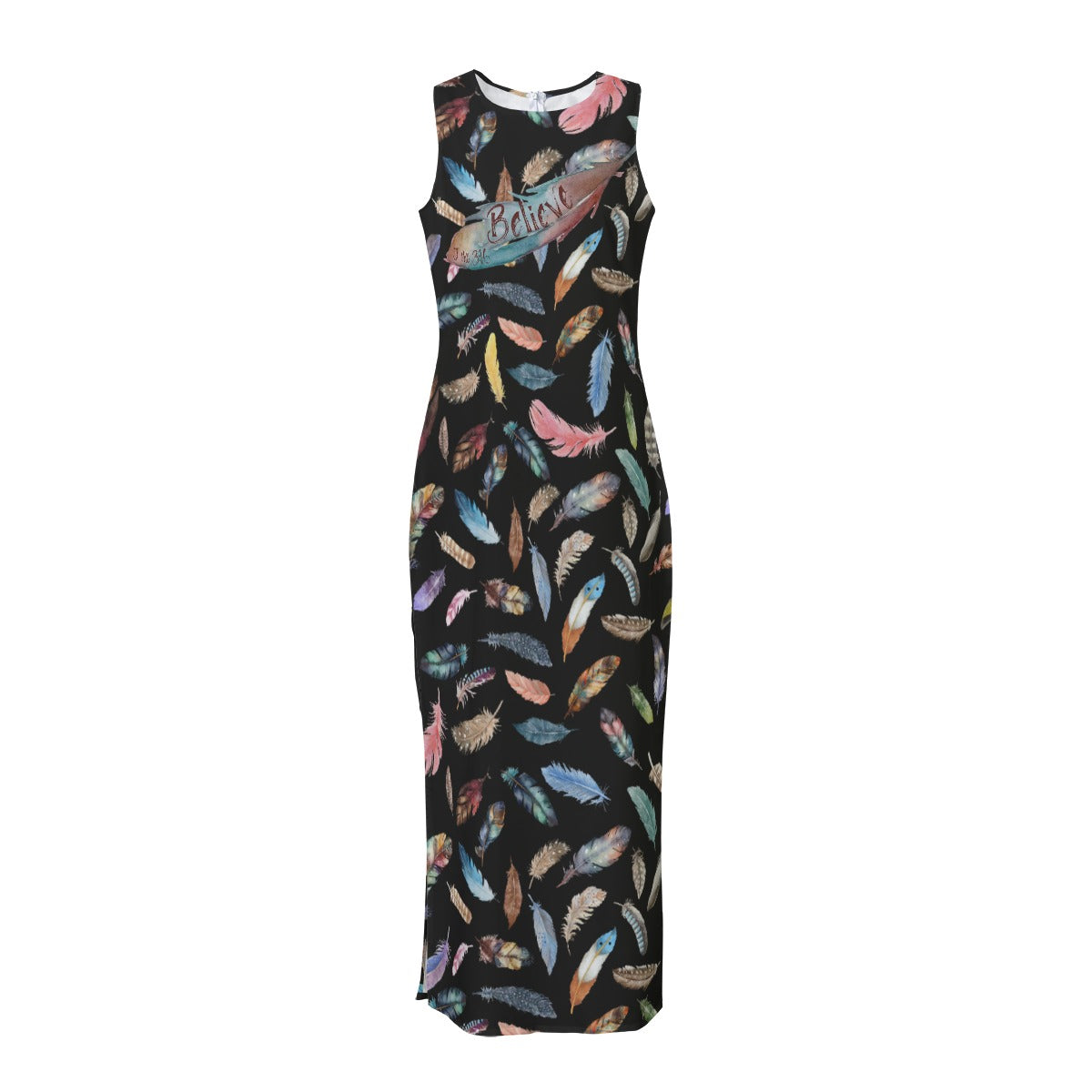 BELIEVE Feather Pattern Chiffon Sleeveless Dress