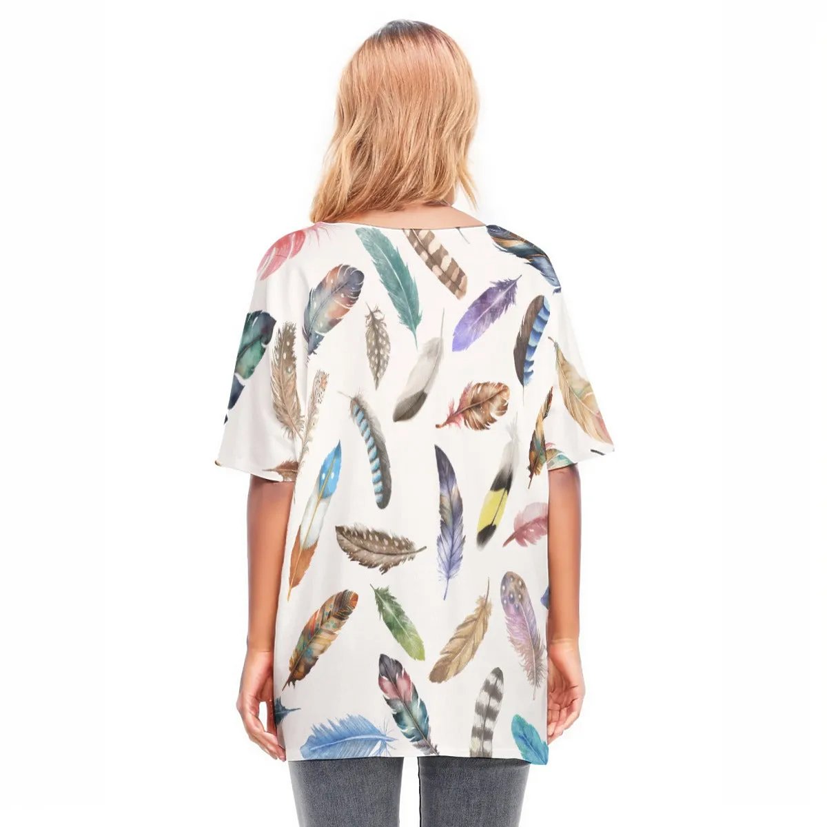 BELIEVE White Feather Print Draped Sleeve Cotton Blouse