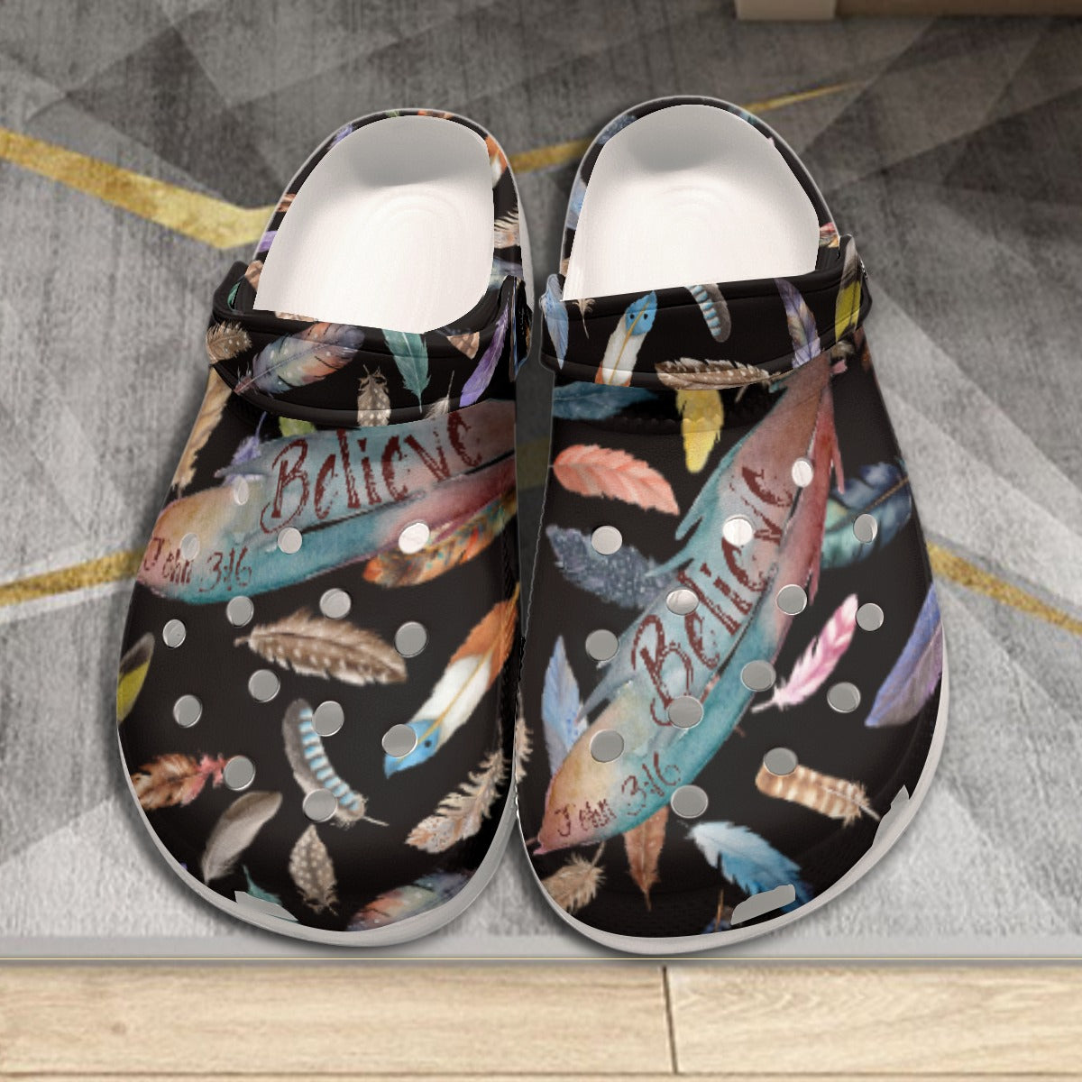 Women's Black Feather Print Clogs