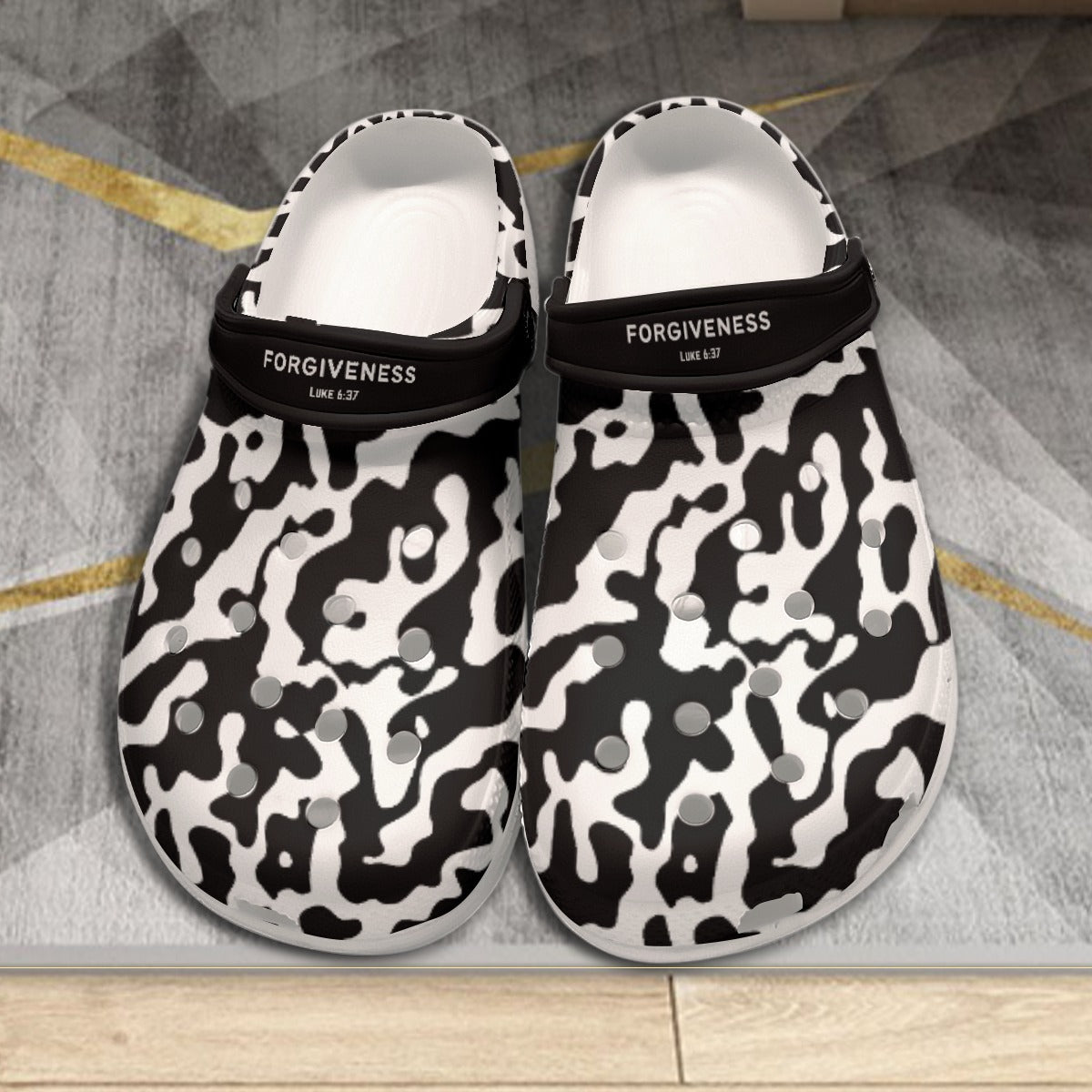 Women's FORGIVENESS Black and White Camouflage Clogs