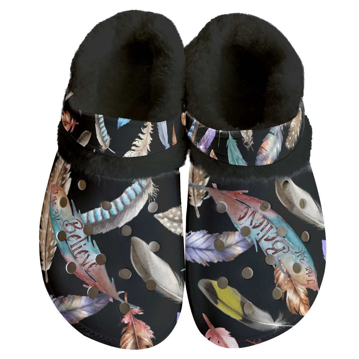 Women's BELIEVE Black Feather Fleece Clogs