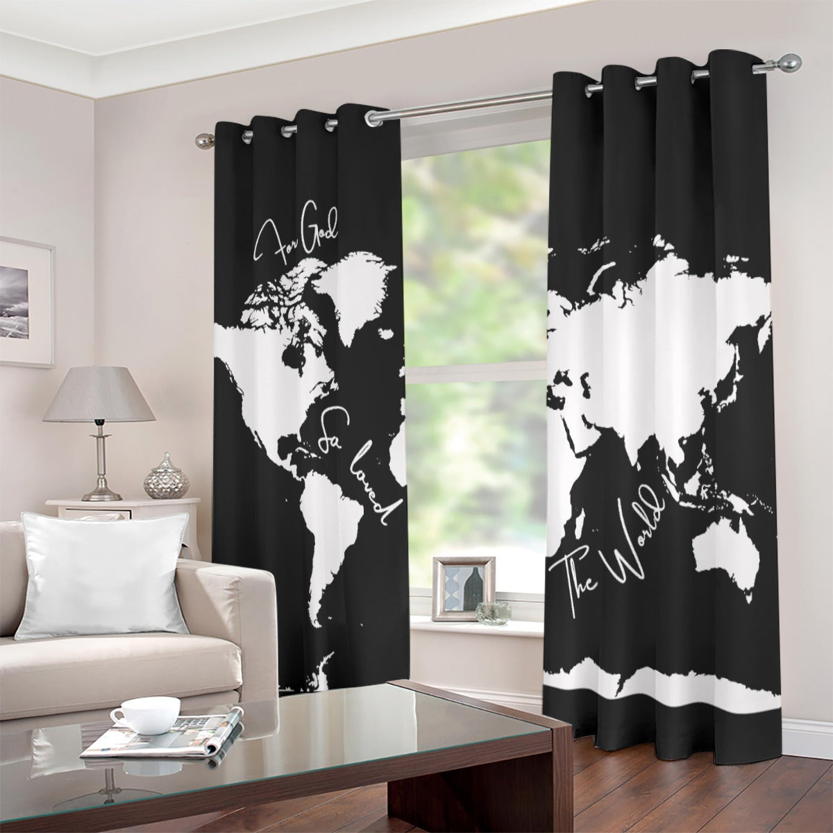 FOR GOD SO LOVED THE WORLD Black and White Grommet Curtains