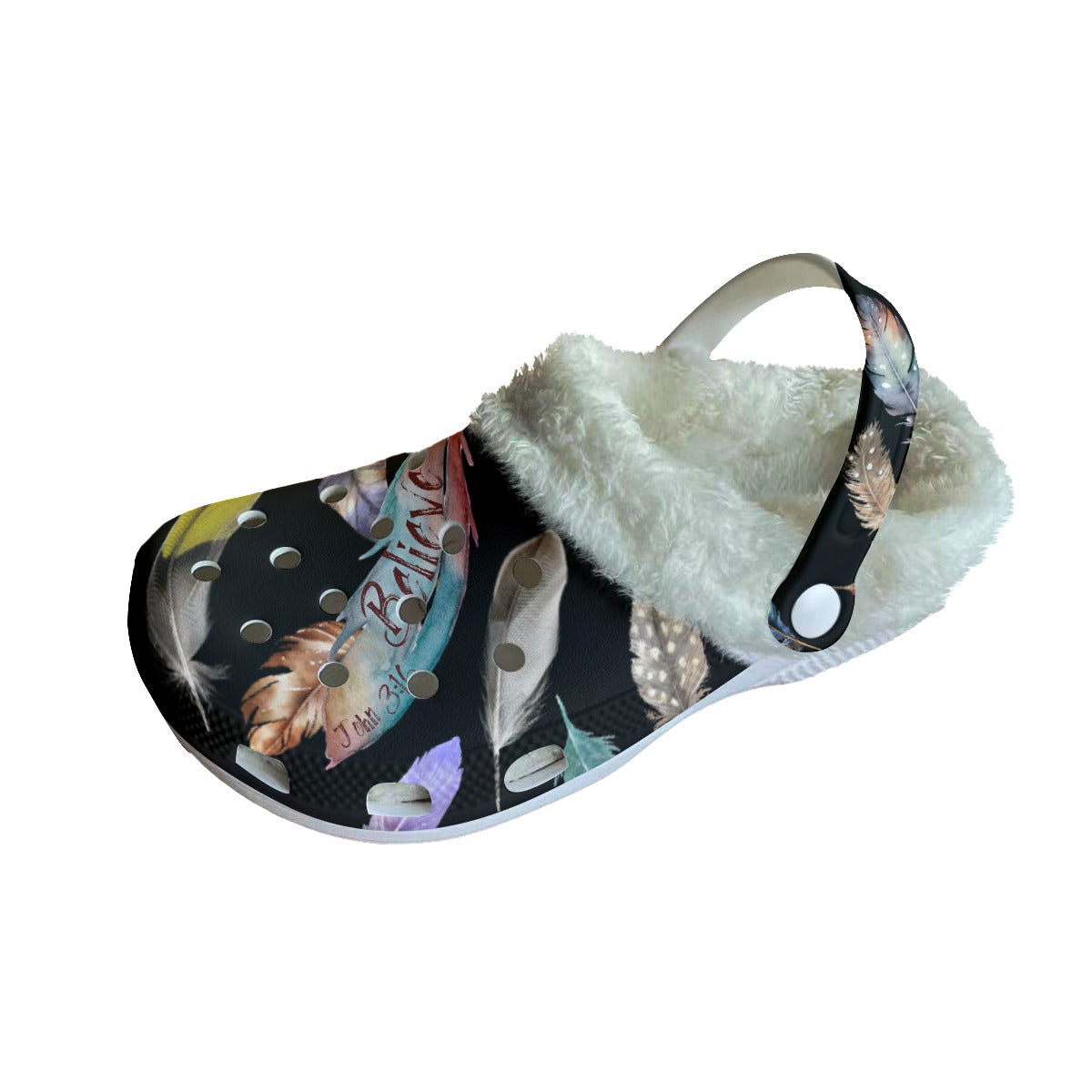 Women's BELIEVE Black Feather Fleece Clogs