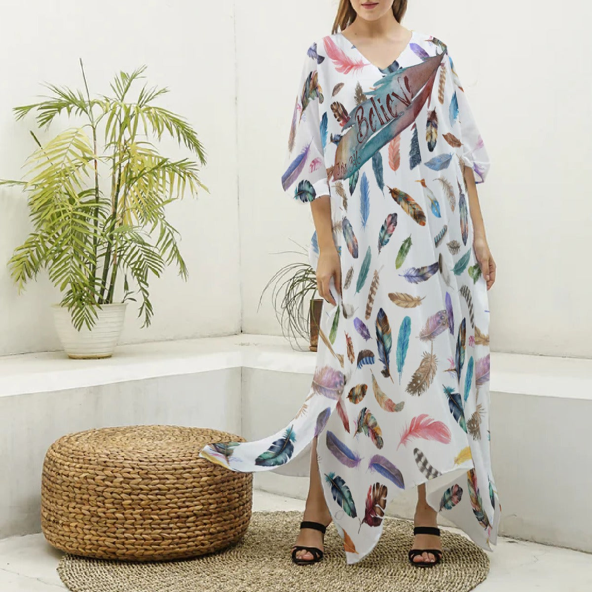 BELIEVE Feather Print Imitation Silk Robe / Long Swimsuit Coverup