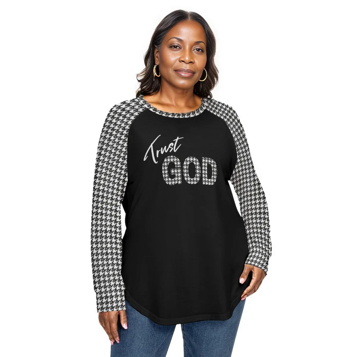 TRUST GOD Houndstooth Print Long Sleeve Plus Size Shirt