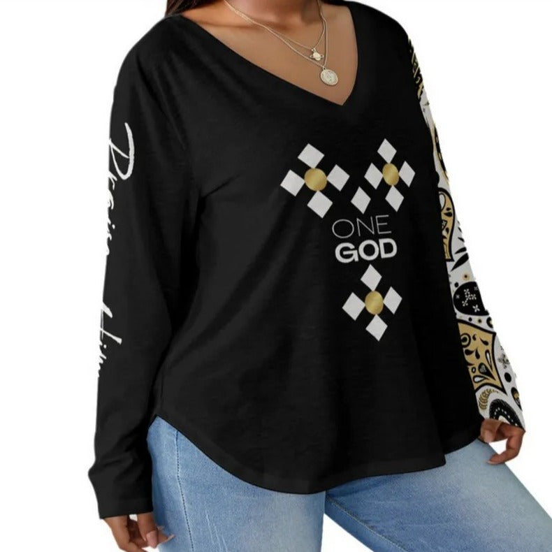 ONE GOD Ephesians 4:6 PLUS Size Paisley Praise Him Long Sleeve Shirt