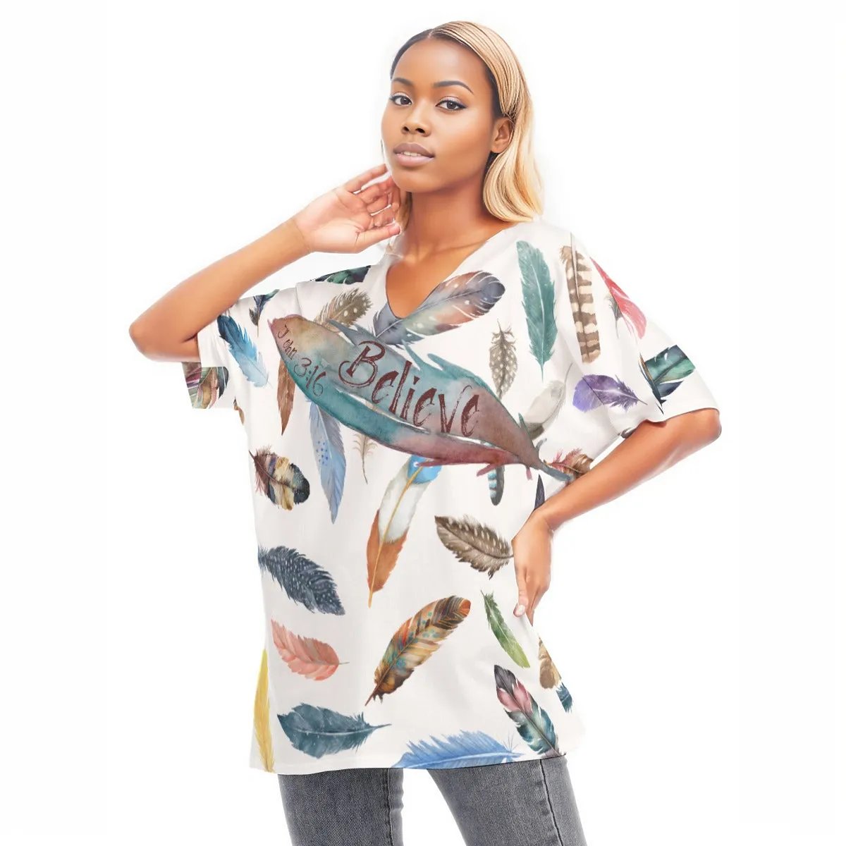 BELIEVE White Feather Print Draped Sleeve Cotton Blouse