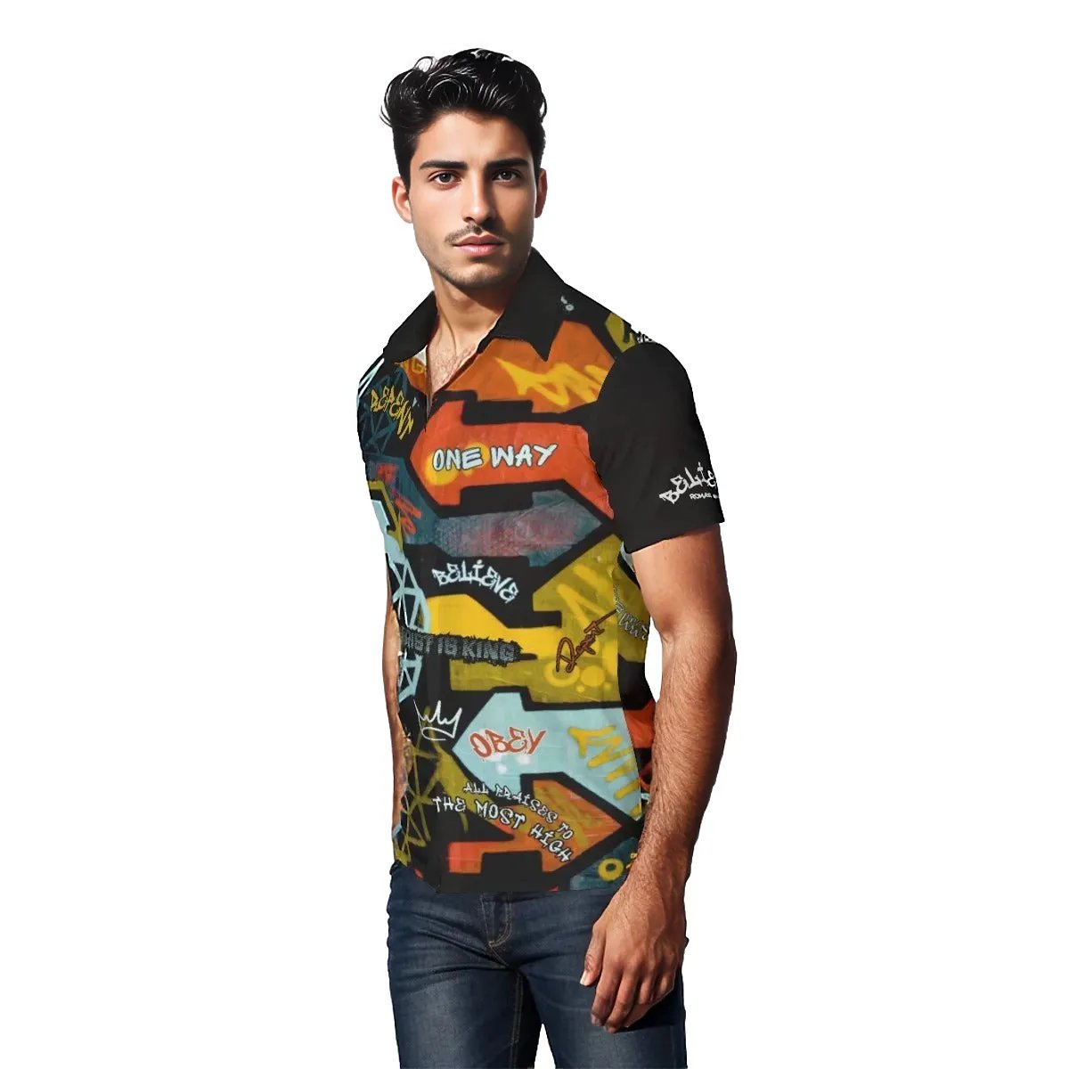 GRAFFITI GOD Print Short Sleeve Button Shirt