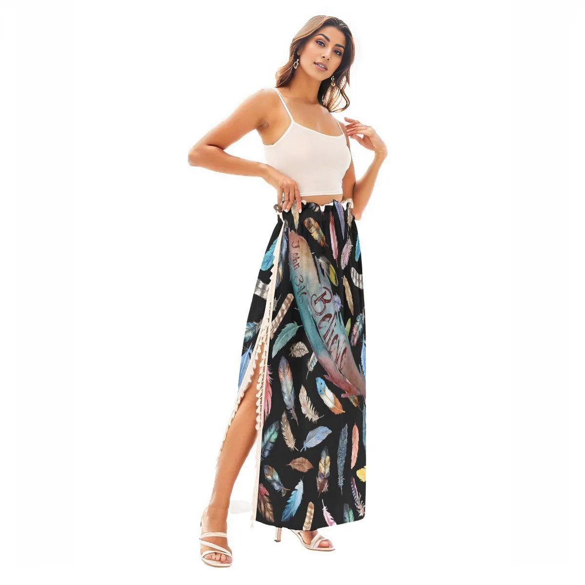 BELIEVE Feather Print Side Split Long Fringe Skirt