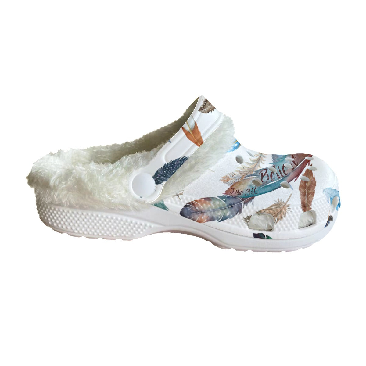 Women's BELIEVE White Feather Print Fleece Clogs