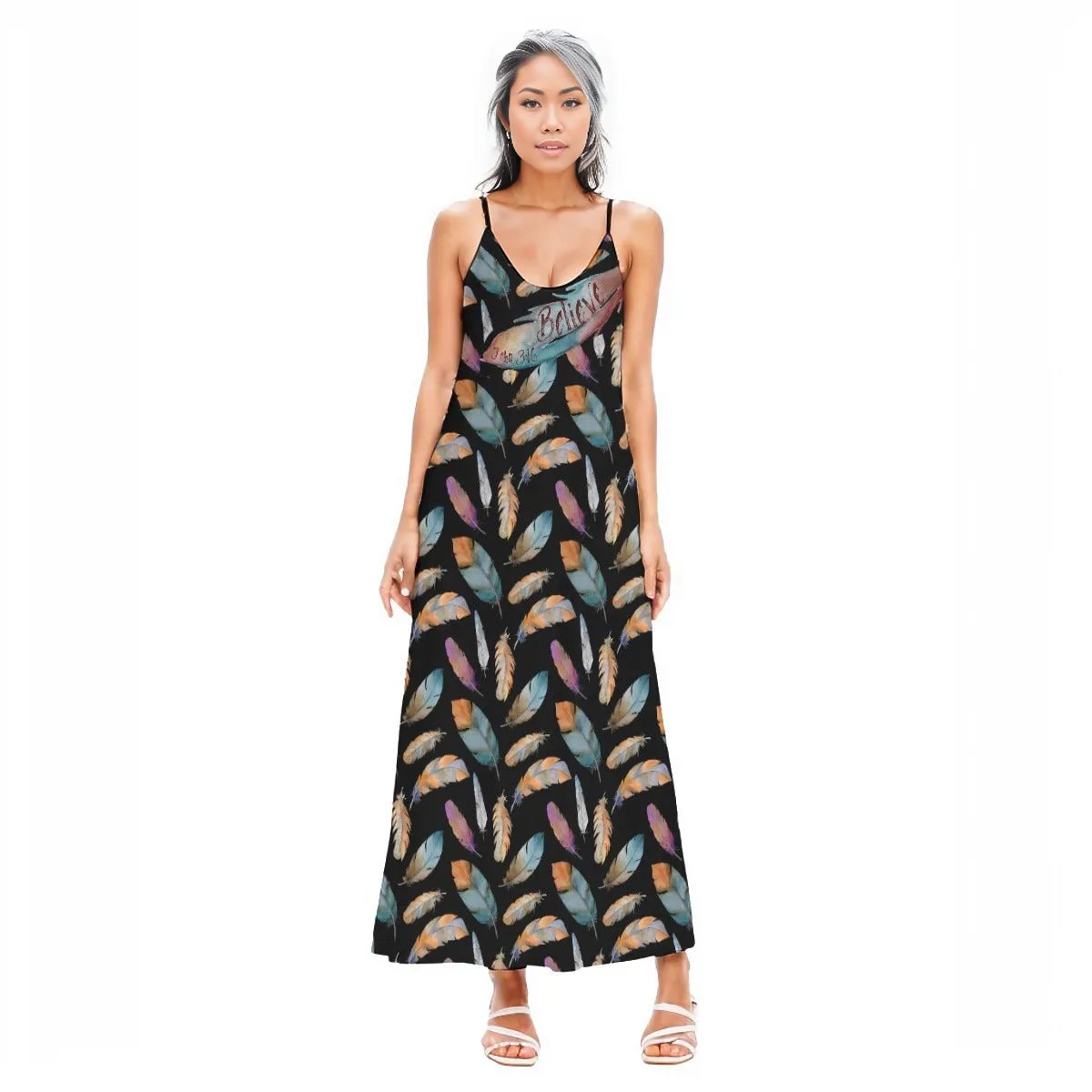 BELIEVE John 3:16 Feather Print Sling Dress