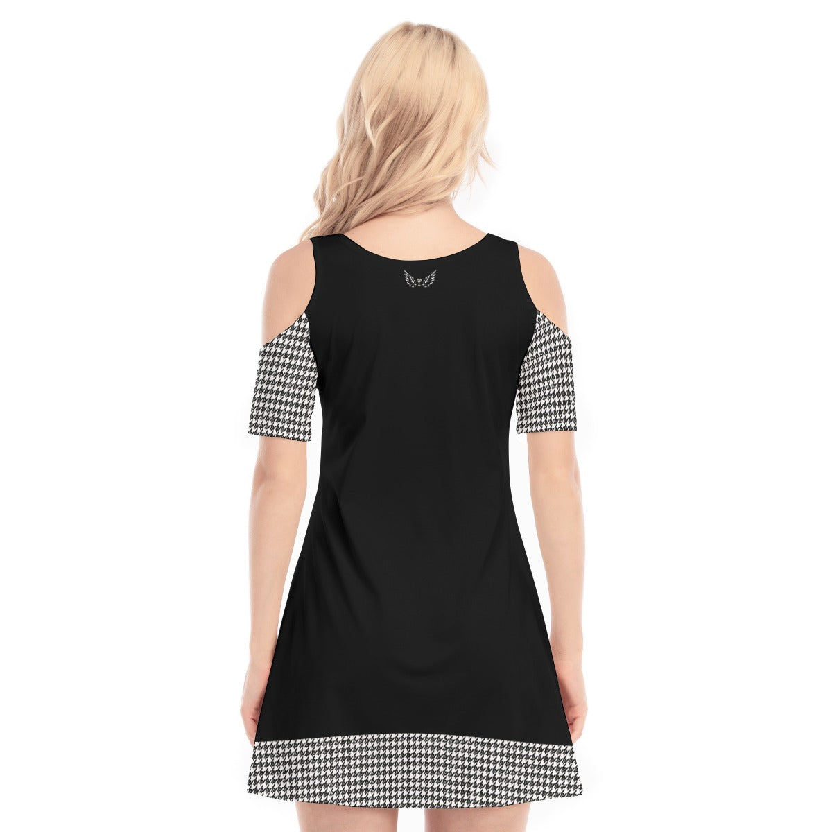 VIRTUOUS Houndstooth Print Open Shoulder Long Shirt / Dress