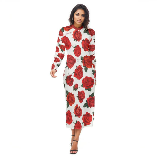 OBEDIENCE 1 Kings 2:3 Rose Pattern Long Sleeve Hip Dress