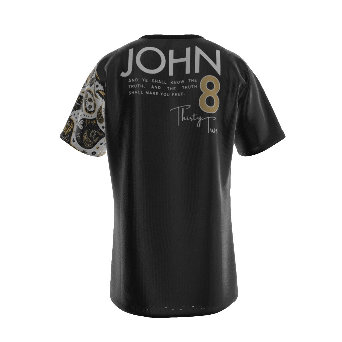 TRUTH SEEKER The Truth Shall Set You Free John 8:32 ScripturePaisley Sleeve Black T Shirt