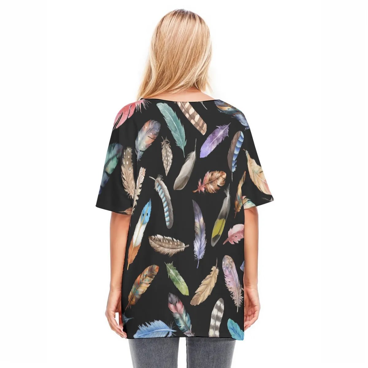 BELIEVE Black Feather Print Draped Sleeve Cotton Blouse