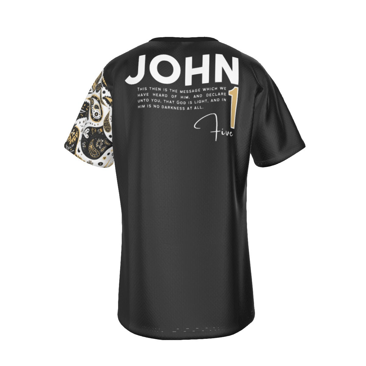 COME TO THE LIGHT John 1:5 Scripture Paisley Sleeve Black T Shirt