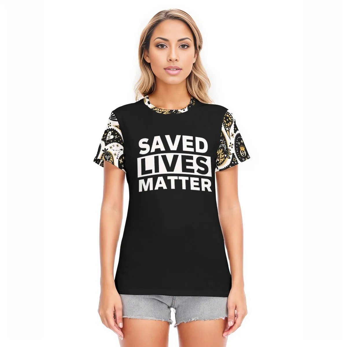 SAVED LIVES MATTER Paisley Sleeve Round Neck Cotton T Shirt