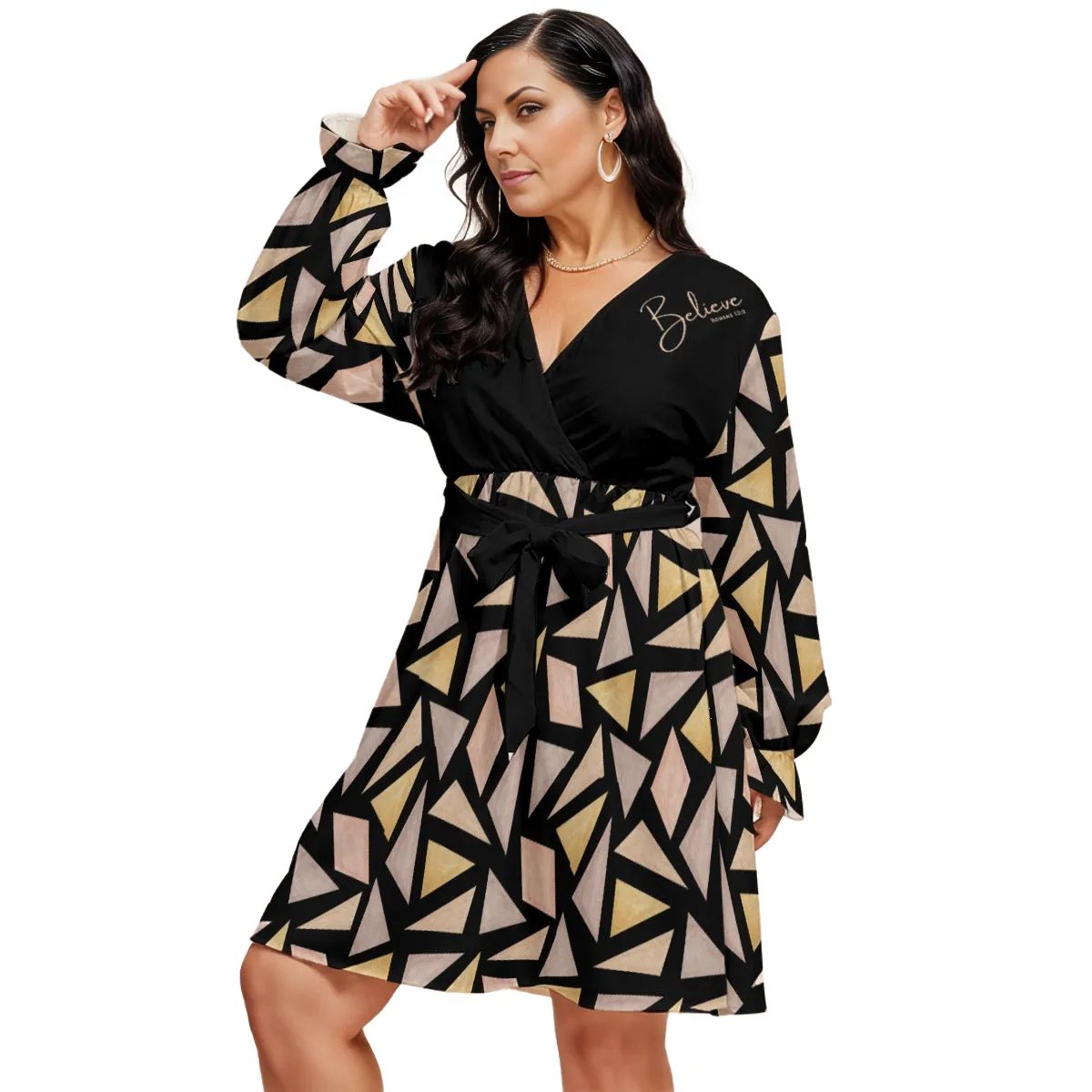 BELIEVE Abstract Pattern Plus Size V Neck Dress