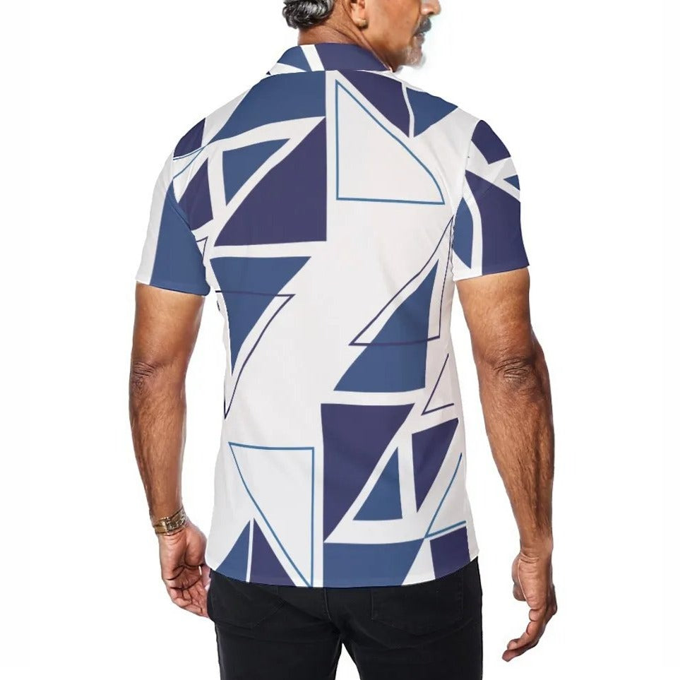 BLESSED Matthew 5:6 Blue Abstract Print Short Sleeve Button Shirt