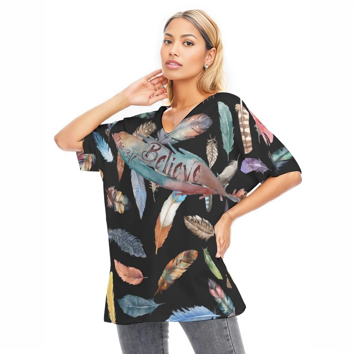 BELIEVE Black Feather Print Draped Sleeve Cotton Blouse