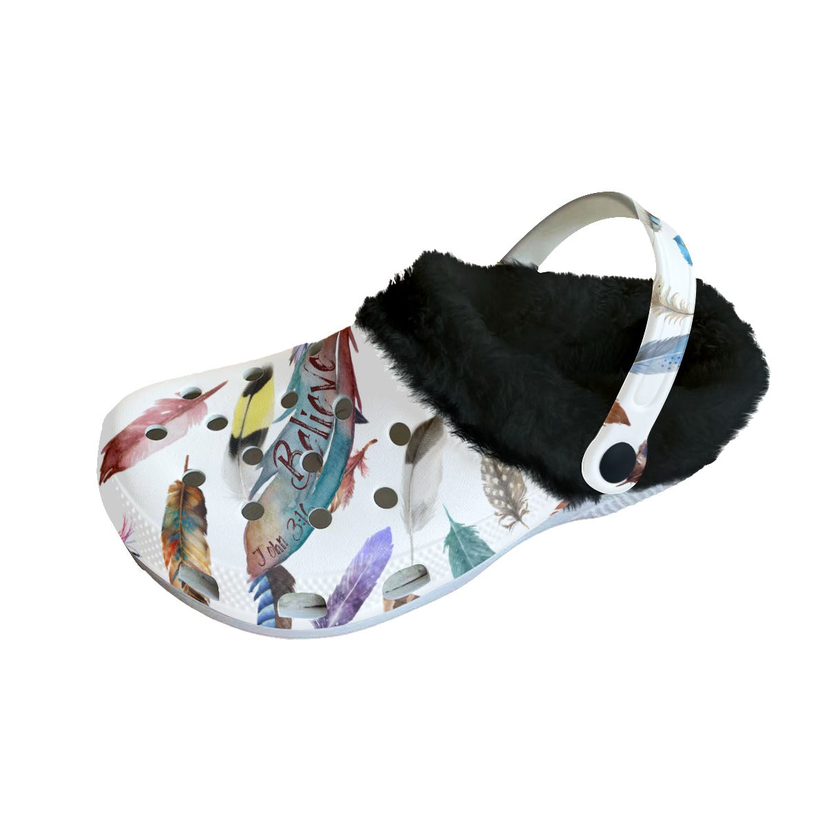 Women's BELIEVE White Feather Print Fleece Clogs