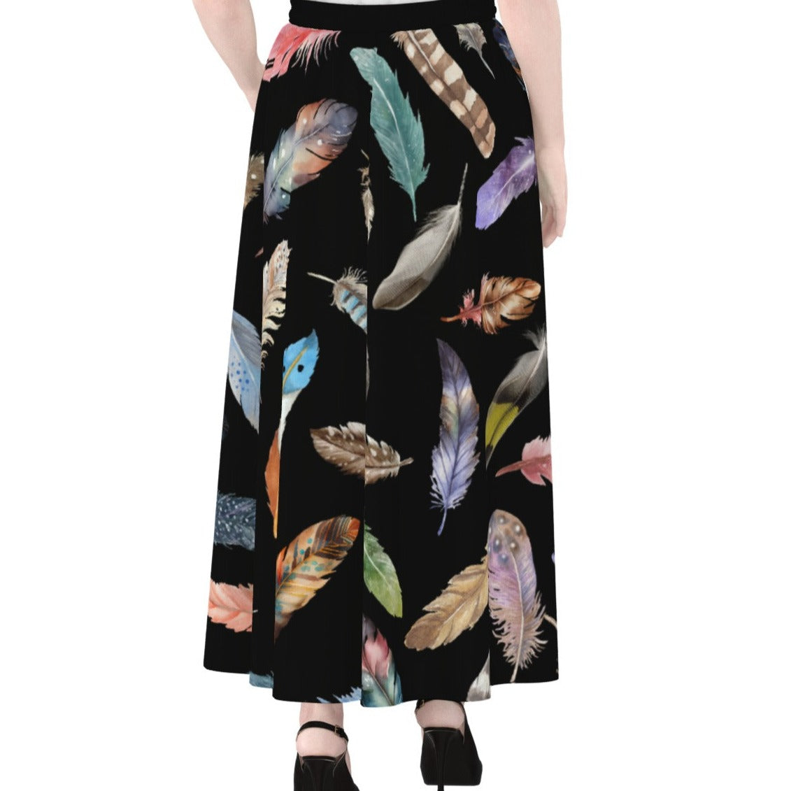 BELIEVE Feather Print Maxi Chiffon Skirt With Lining