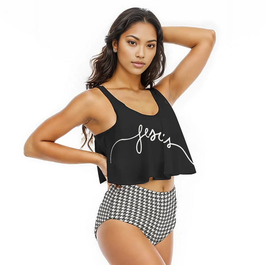 JESUS Houndstooth Ruffled Vest Bikini Swimsuit