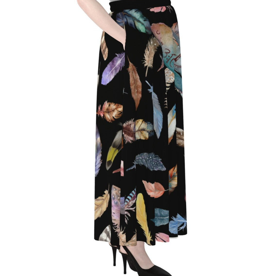 BELIEVE Feather Print Maxi Chiffon Skirt With Lining