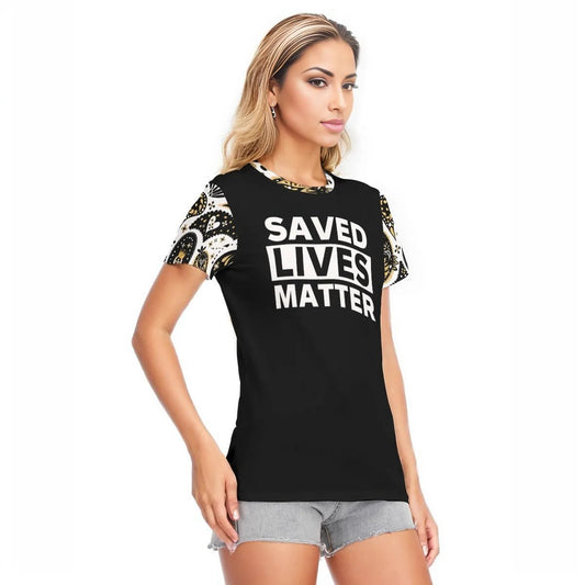 SAVED LIVES MATTER Paisley Sleeve Round Neck Cotton T Shirt