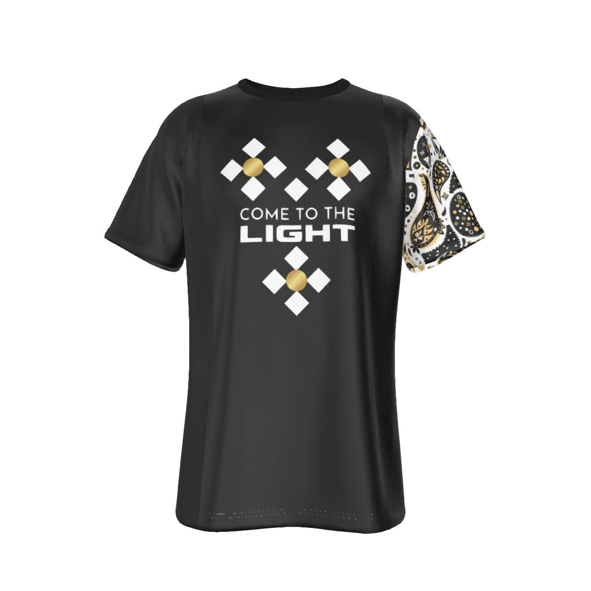 COME TO THE LIGHT John 1:5 Scripture Paisley Sleeve Black T Shirt