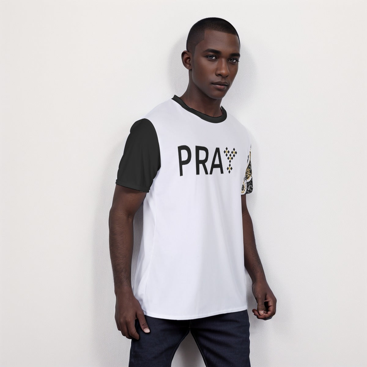 PRAY Matthew 21:22 Scripture Paisley Sleeve Black T Shirt