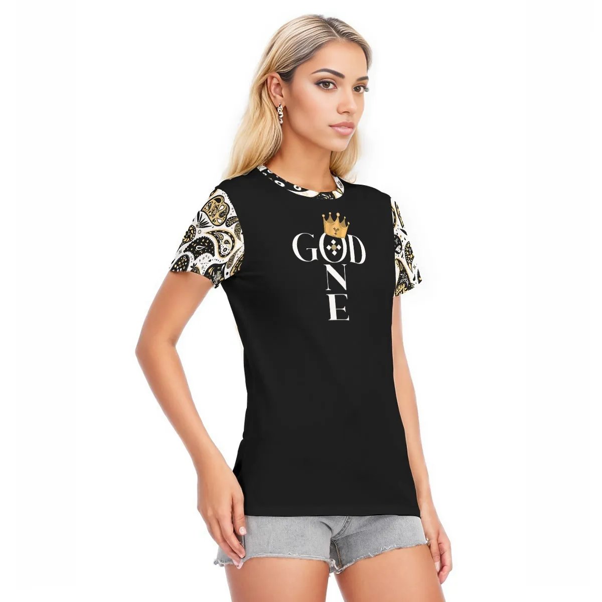 ONE GOD Paisley Sleeve Round Neck Cotton T ShirtRound Neck T-Shirt