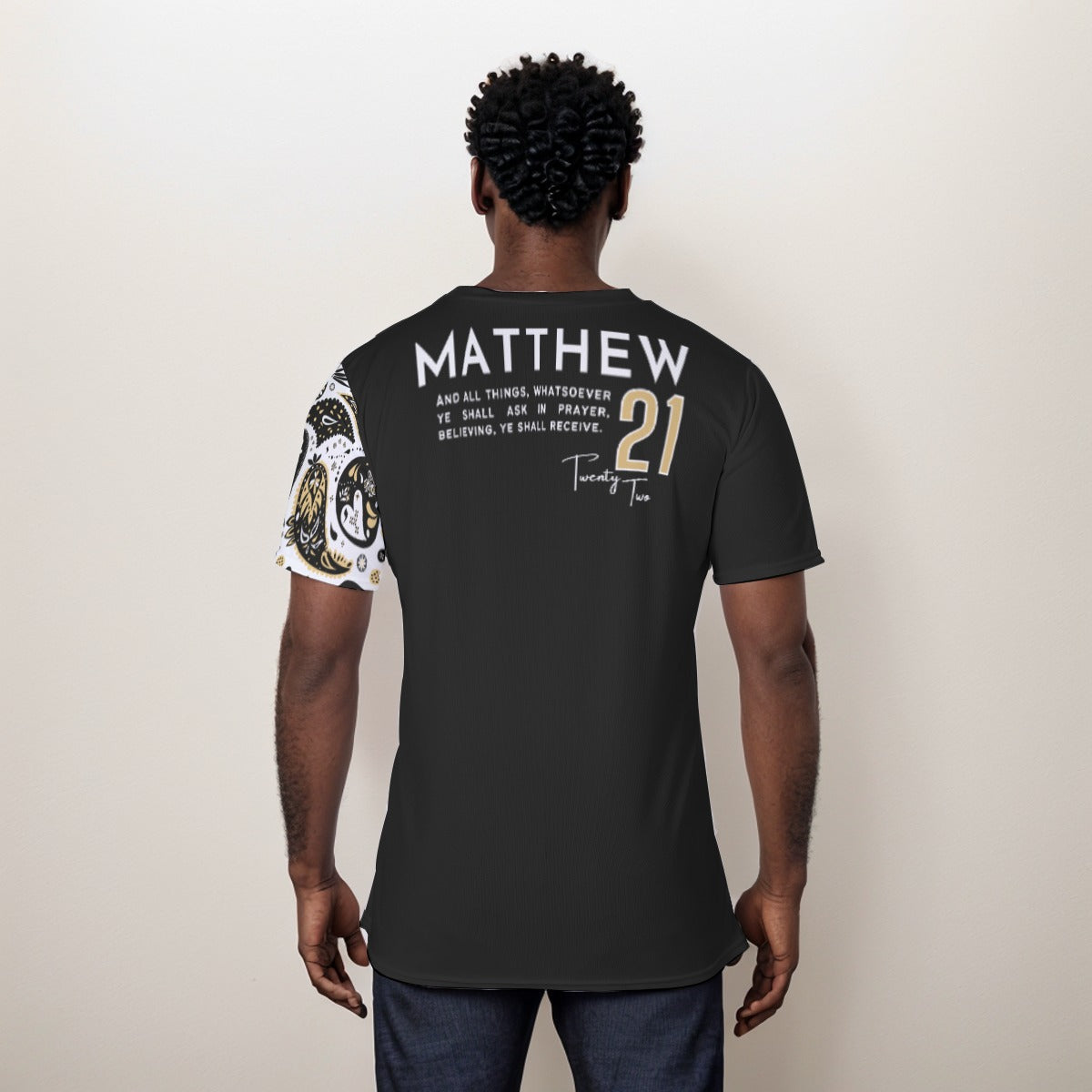 PRAY Matthew 21:22 Scripture Paisley Sleeve Black T Shirt