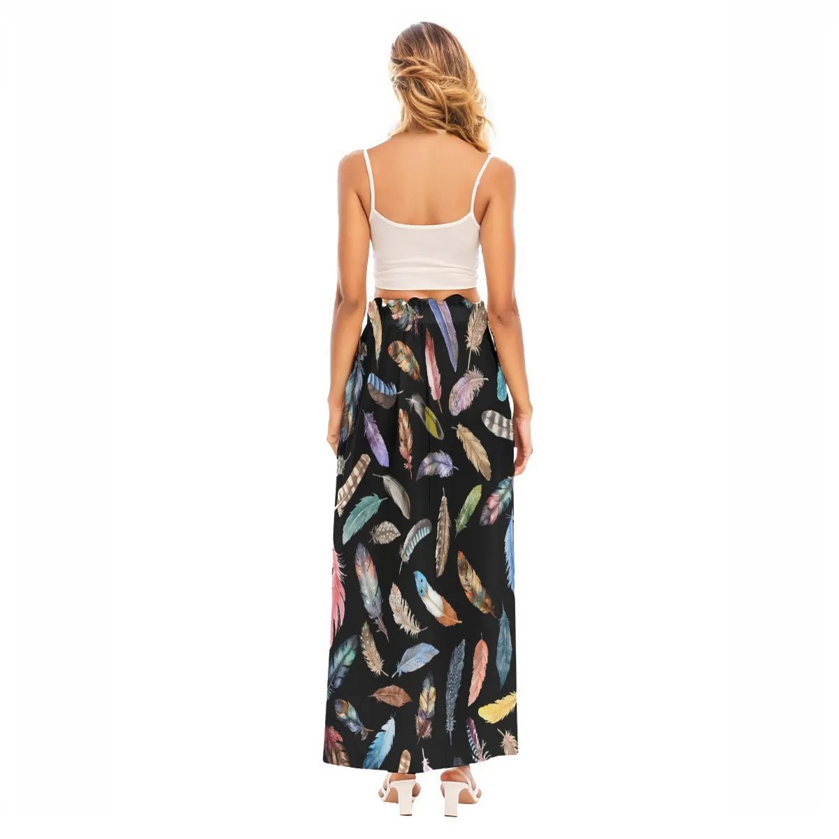 BELIEVE Feather Print Side Split Long Fringe Skirt