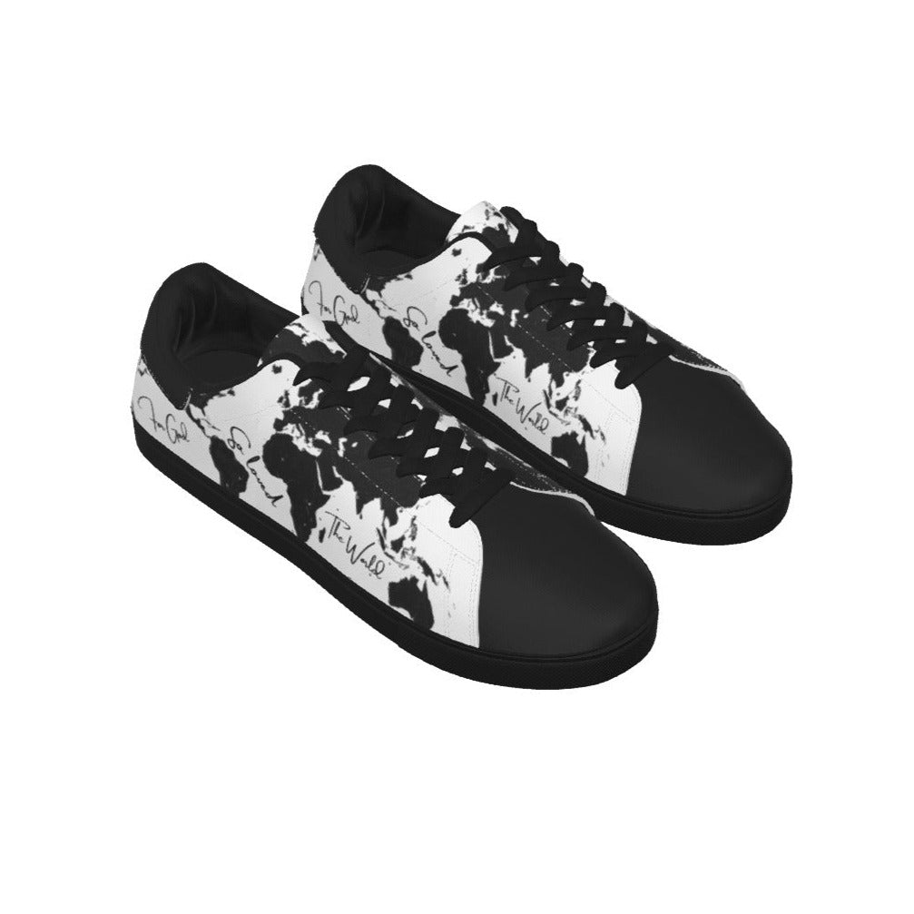 FOR GOD SO LOVED THE WORLD Map Print Men's Leather Sneakers