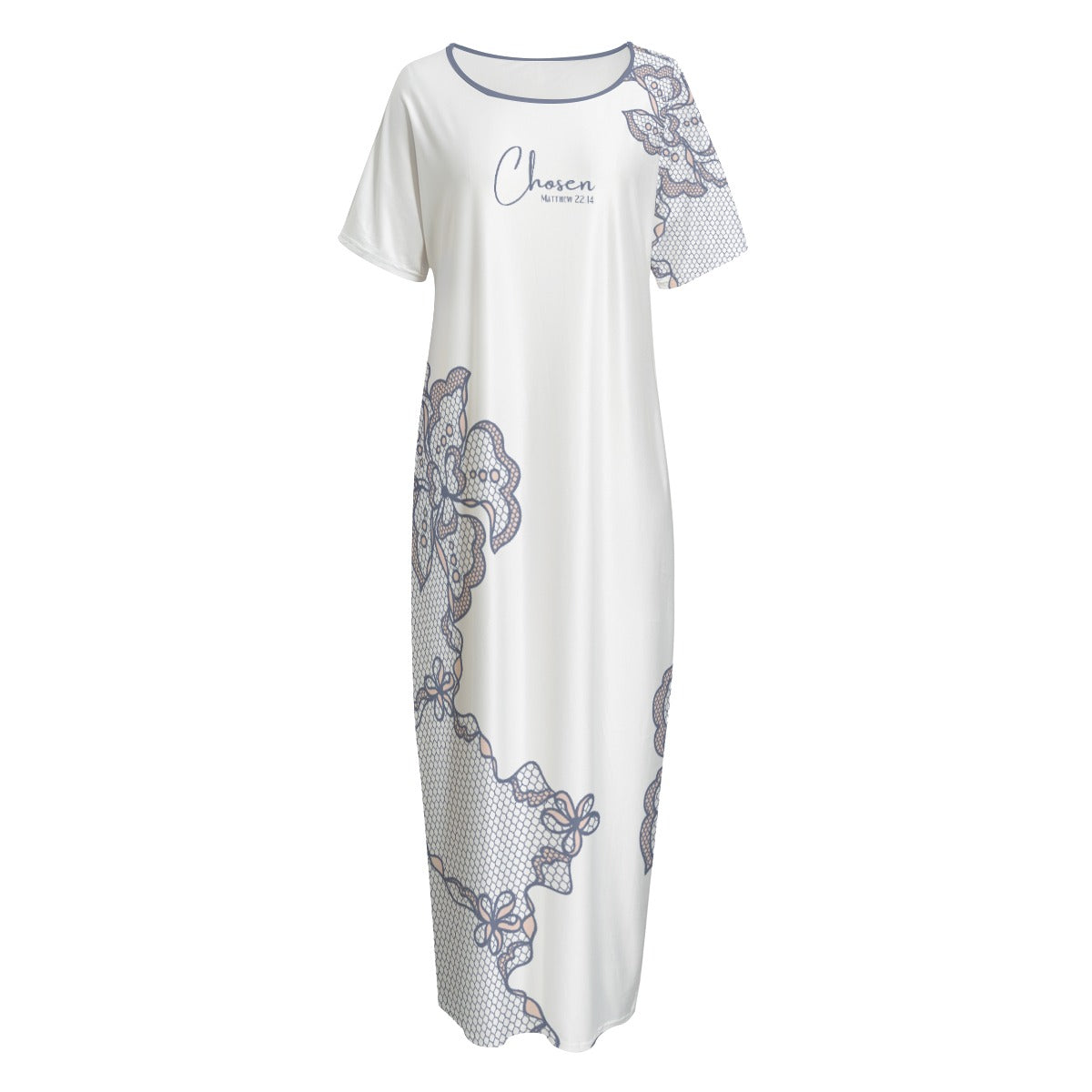 CHOSEN Matthew 22:14 Blue / Soft Pink Floral Lace Pattern Dress