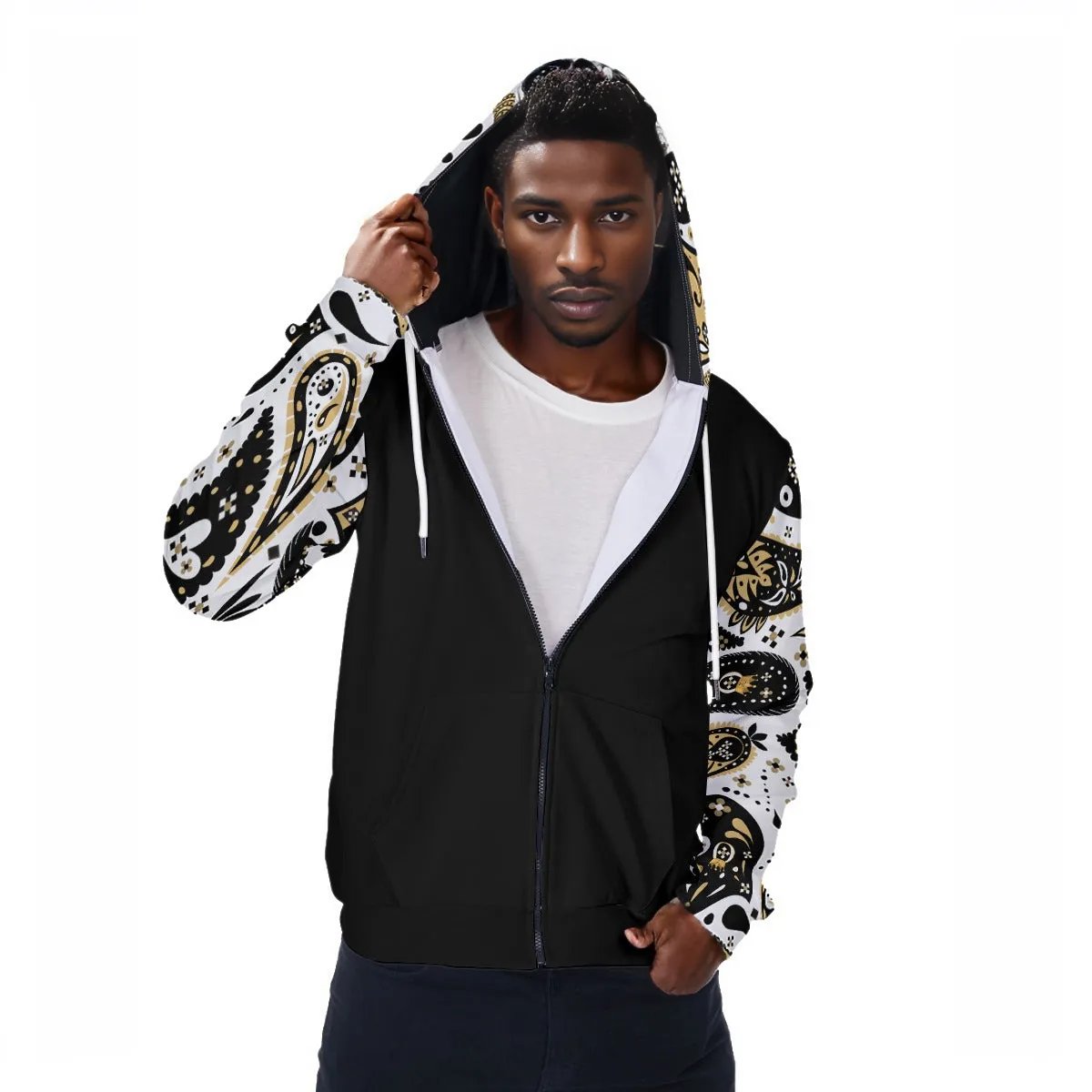 GOD VIBES ONLY Paisley Sleeve Mirco Fleece Zip Up Hoodie - WearYnobe