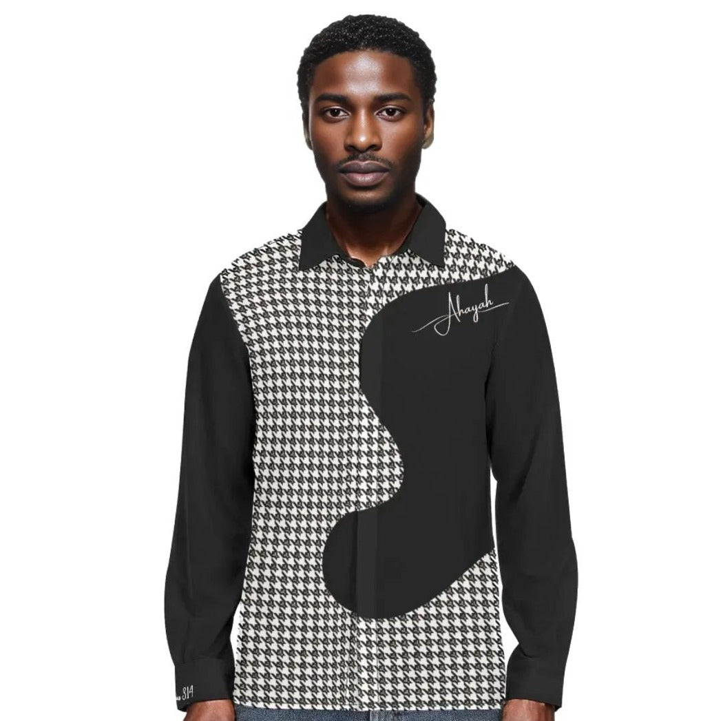 AHAYAH Exodus 3:14 Sleeve Cuff Houndstooth Pattern Long Sleeve Lapel Collar Shirt