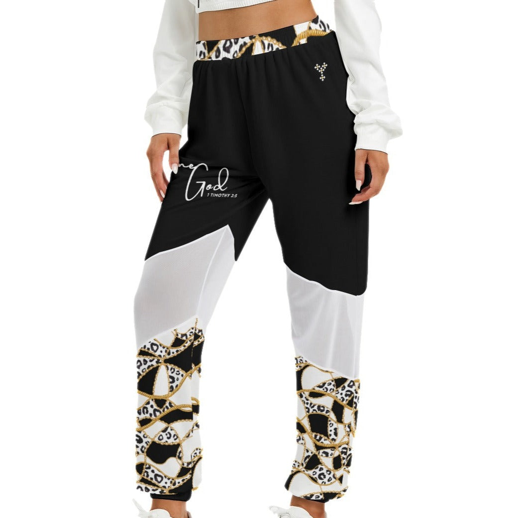 ONE GOD Black and White Leopard Chain Print Mesh Pants