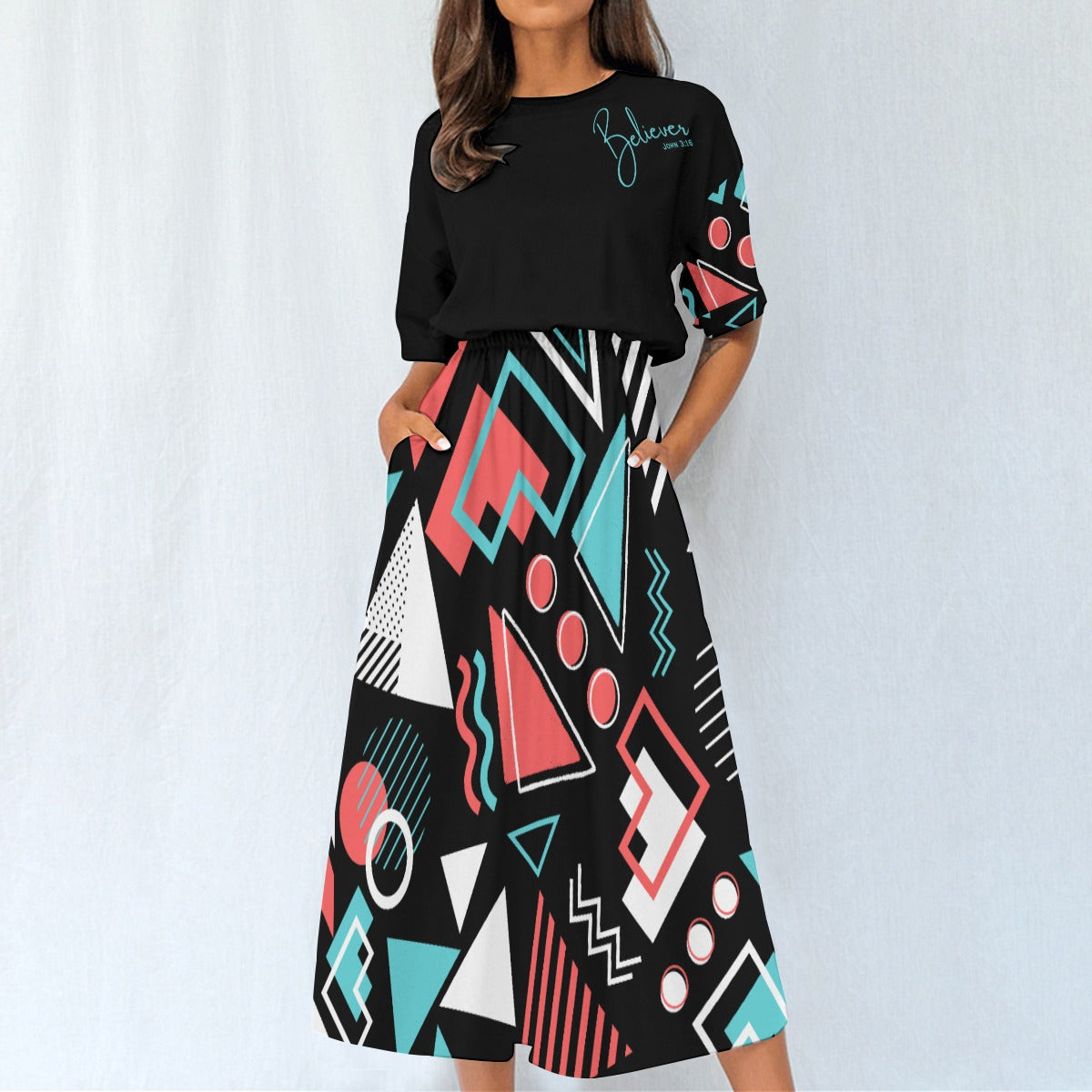 BELIEVER Abstract Pattern Print Elastic Waist Dresss