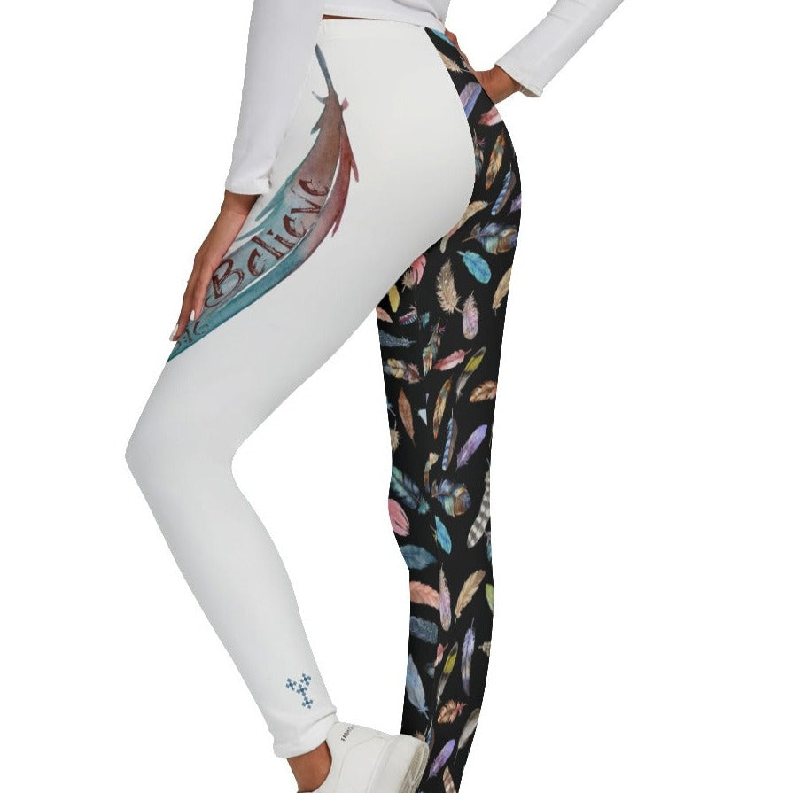 BELIEVE John 3:16 Feather Print Skinny Fleece Leggings