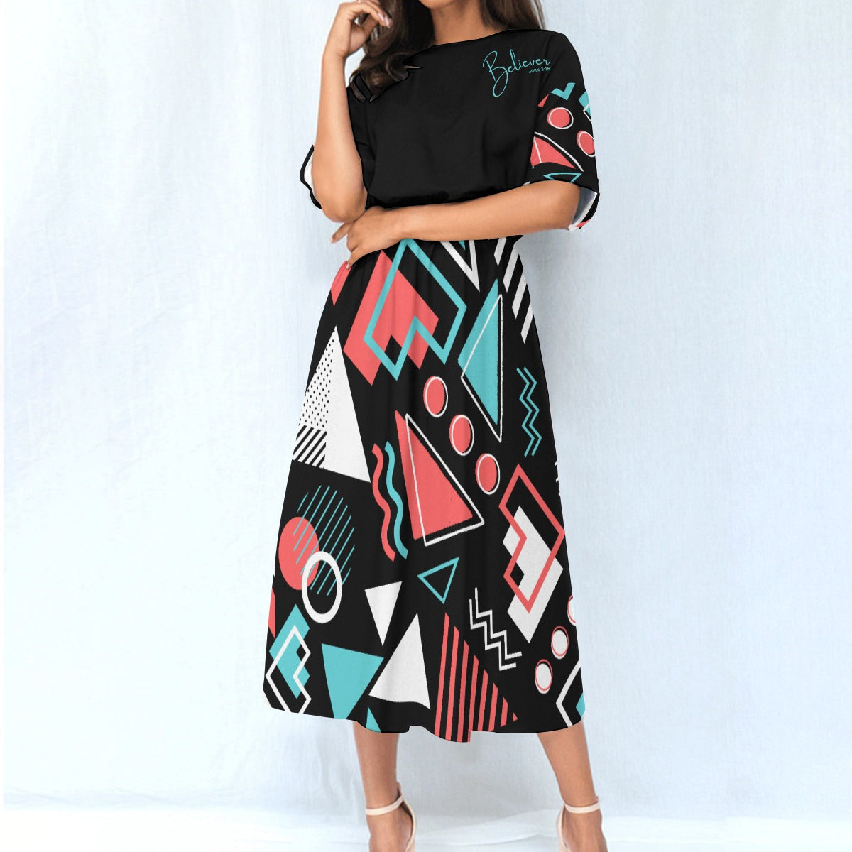 BELIEVER Abstract Pattern Print Elastic Waist Dresss